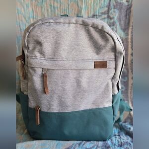 Jansport Gray and Teal Canvas Backpack with Leather Accents